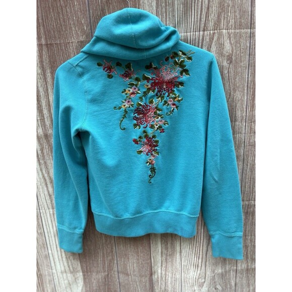 Vintage Lucky Brand Hoodie Y2K Turquoise Floral Embroidery Asian Art Sz M RARE - Picture 2 of 7